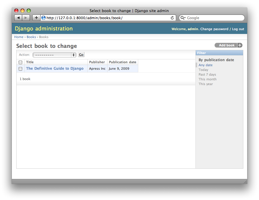 Screenshot of the book change list page after list_filter.